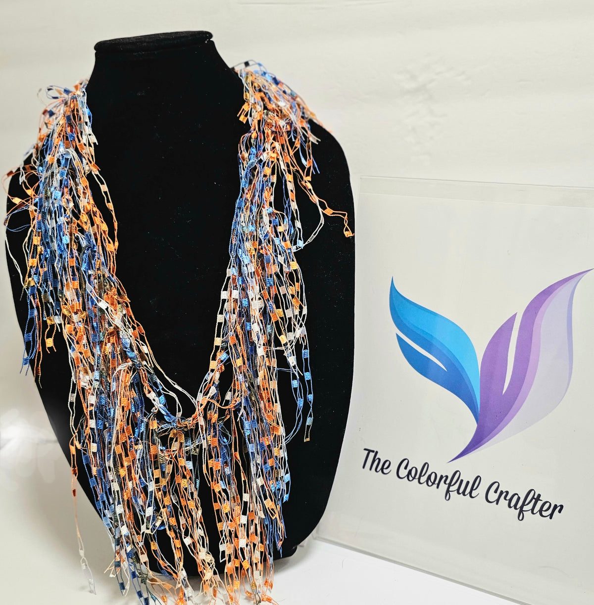 Crocheted Blue and Orange Infinity Scarf: Sports Fan Necklace