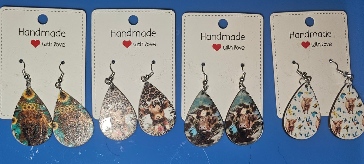 Wooden tear drop earrings  sunflower/highland cow