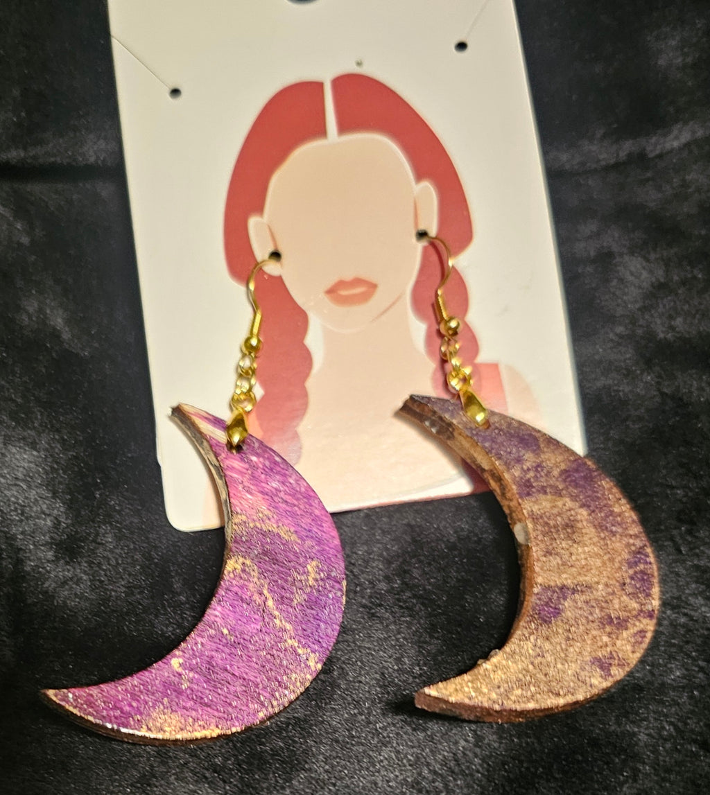 Wooden Alcohol ink moon shape earrings
