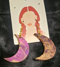 Wooden Alcohol ink moon shape earrings