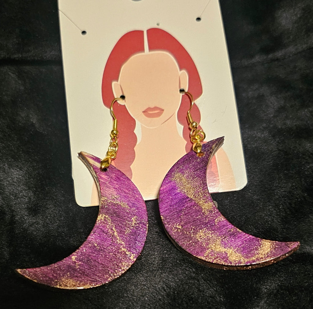 Wooden Alcohol ink moon shape earrings