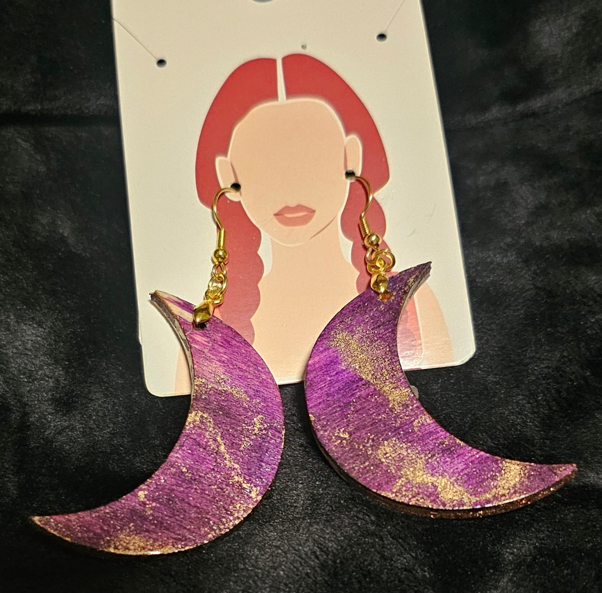 Wooden Alcohol ink moon shape earrings