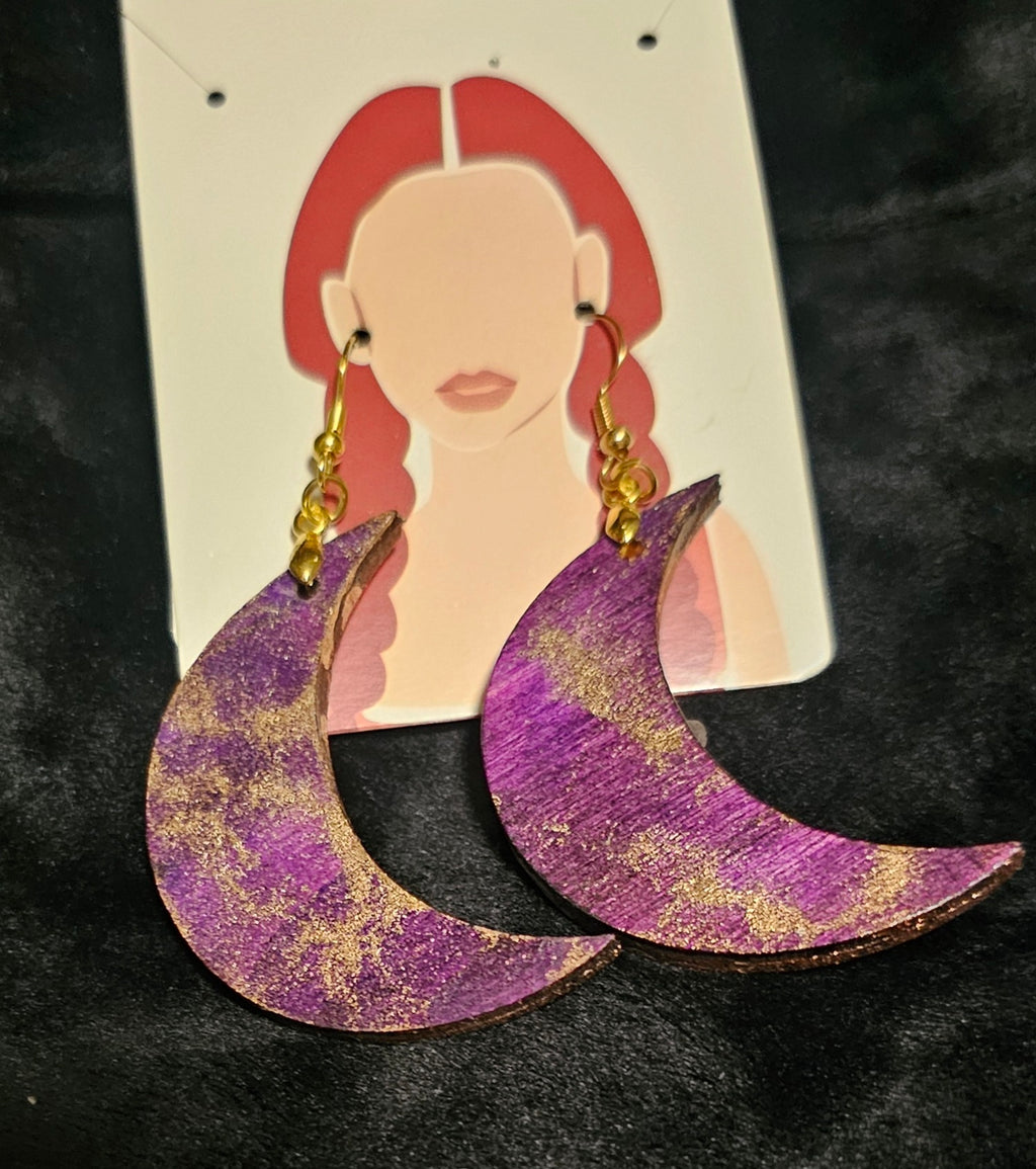 Wooden Alcohol ink moon shape earrings