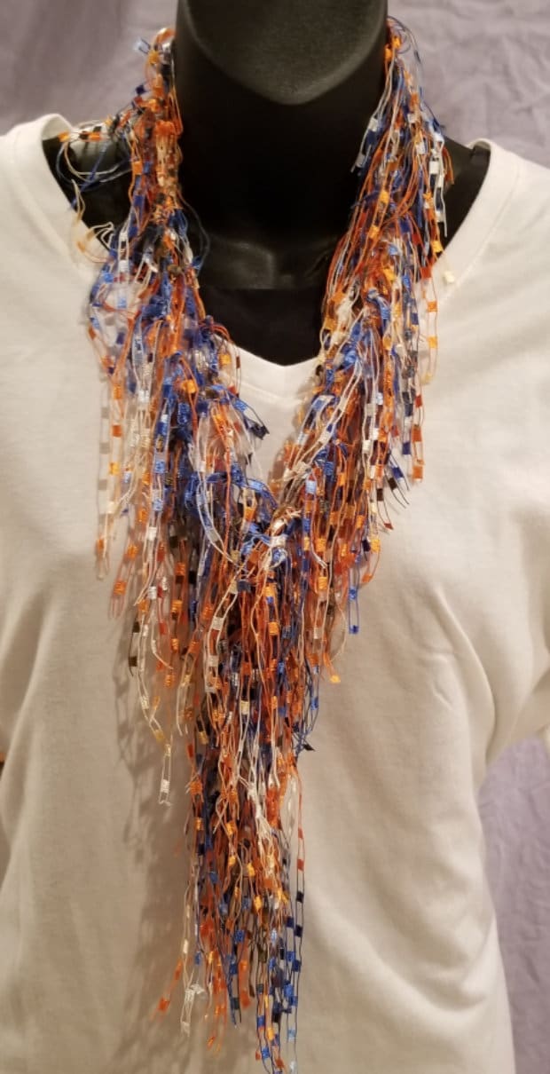 Crocheted Blue and Orange Infinity Scarf: Sports Fan Necklace